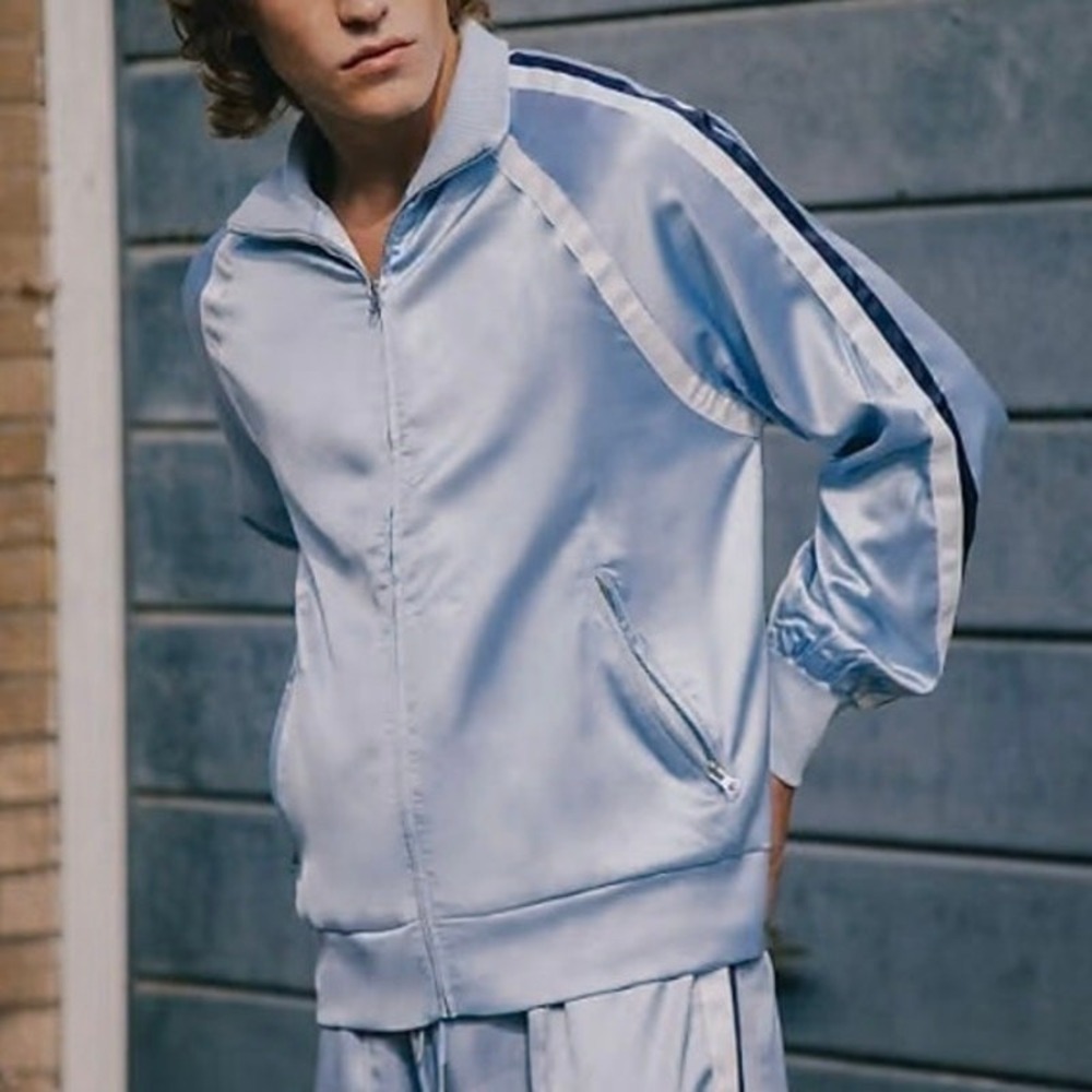 NWT Labelrail x Notion Satin Track Jacket Mens S Blue Striped Zip Up Bomber